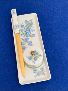 Limoges of France White Porcelain Desk Set with Blue Floral Motif